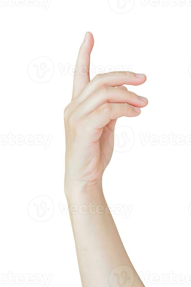 vrouw hand- aanraken of richten naar iets geïsoleerd Aan wit achtergrond foto