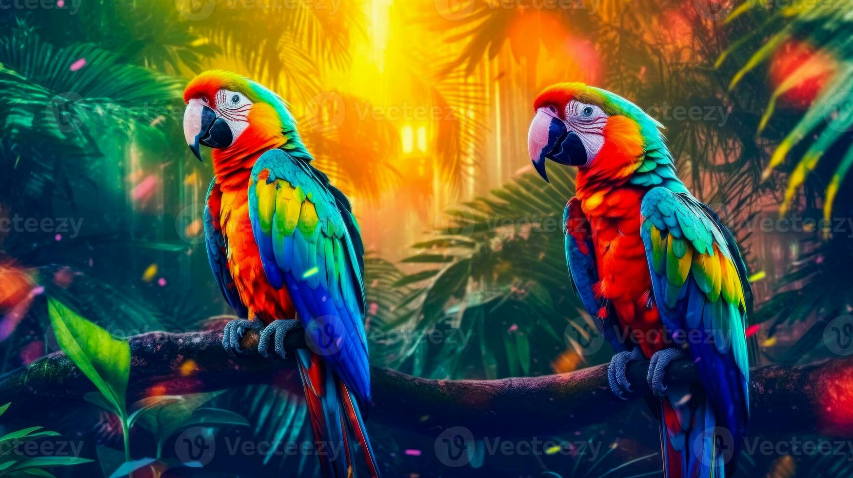 twee helder gekleurde papegaaien zitten Aan een Afdeling in een tropisch oerwoud instelling. ai gegenereerd foto