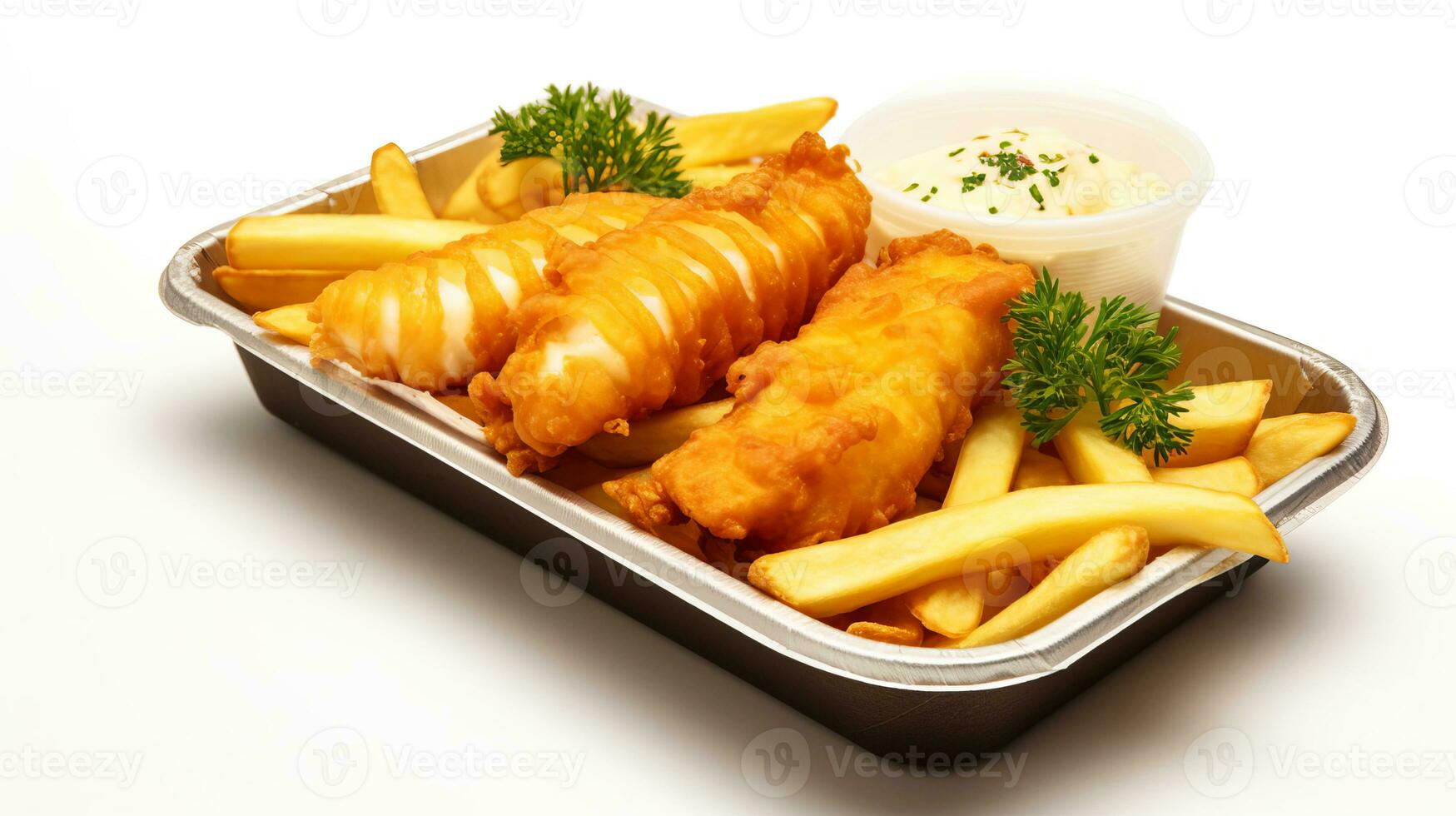 Brits traditioneel voedsel vis en chips Aan een wit achtergrond. foto