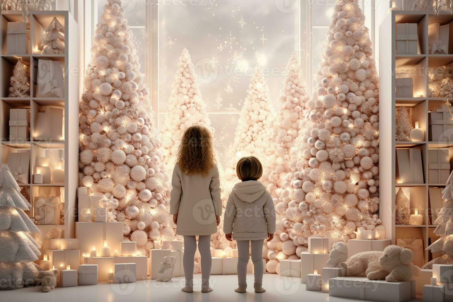 kinderen draaide zich om terug staand in een verlichte eenkleurig wit Kerstmis versierd kamer met Kerstmis boom en geschenken, presenteert dozen, ai generatief. foto