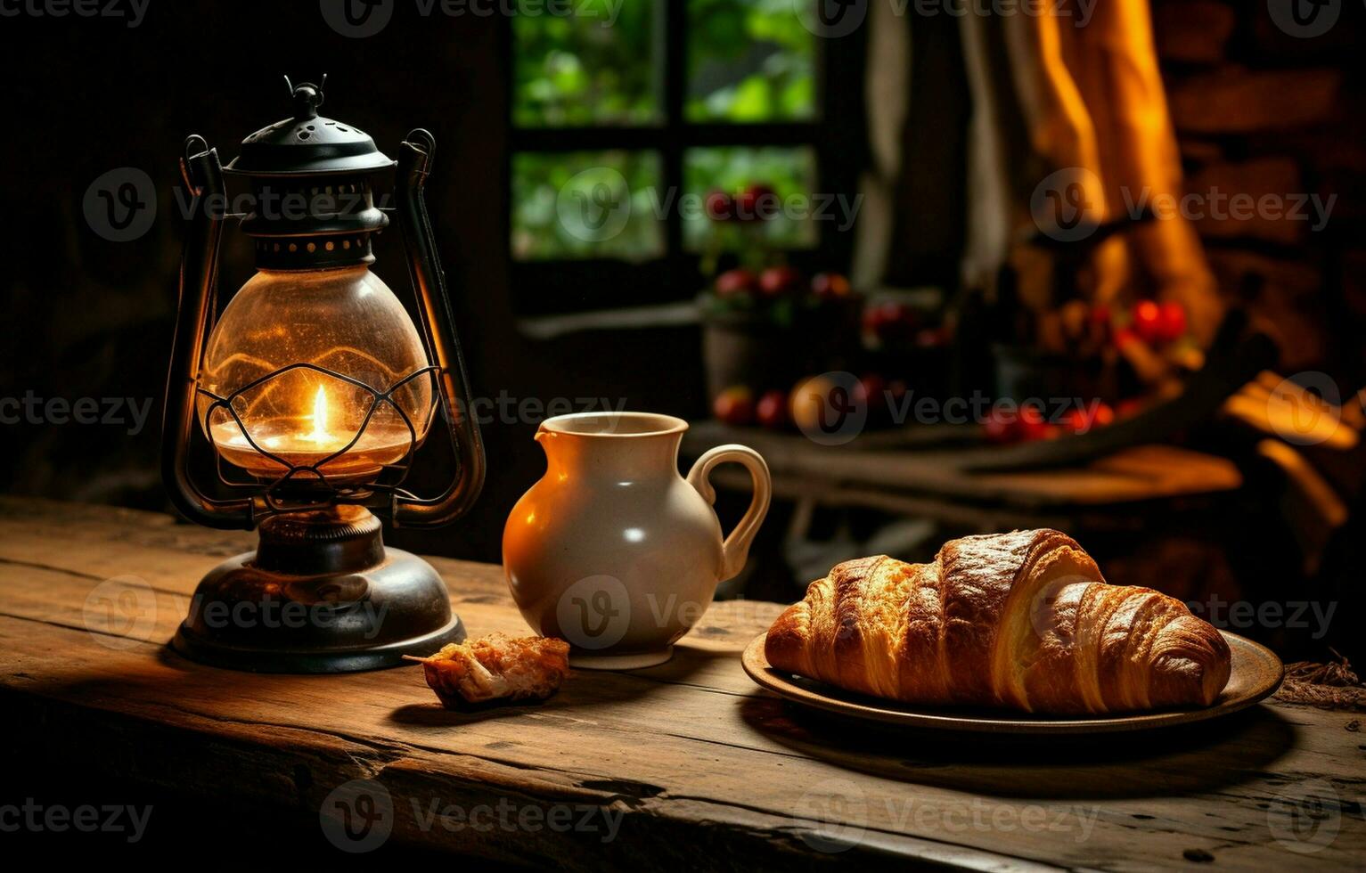 een kerosine lamp en een houten tafel met een koffie en croissant voor ontbijt in landelijk Italië. ai generatief foto