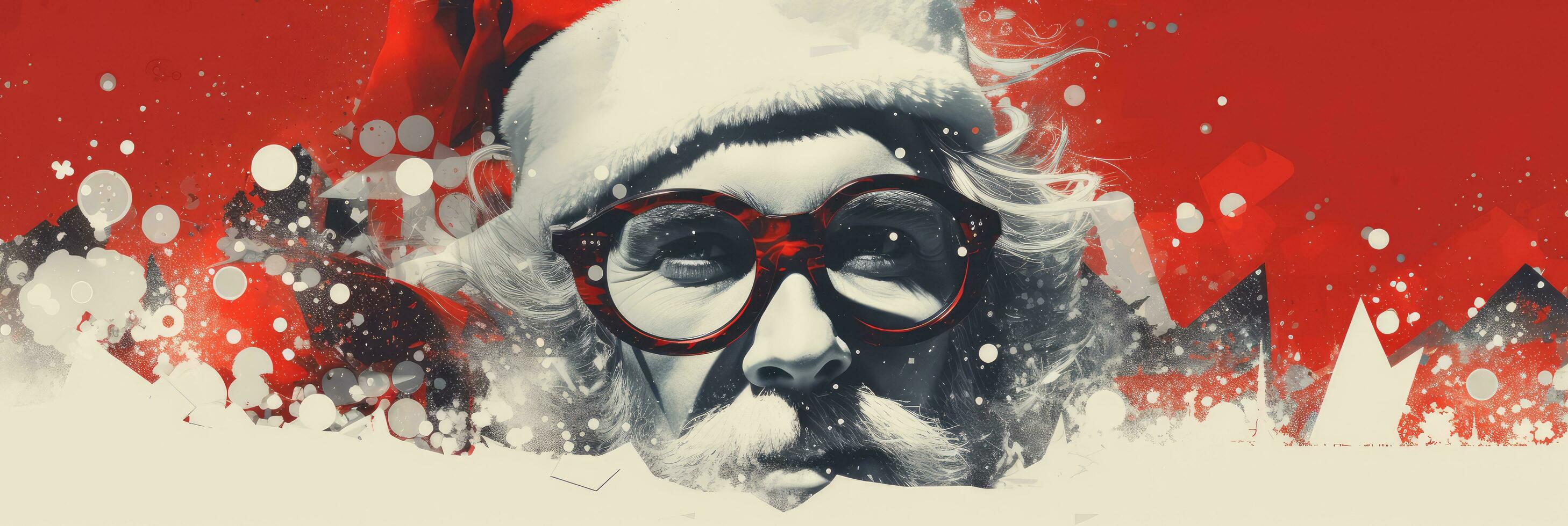 Kerstmis kunst collage met de kerstman claus hoofd vervelend rood hoed en bril. halftone retro stijl poster, besnoeiing uit vormen, modern wijnoogst banier foto