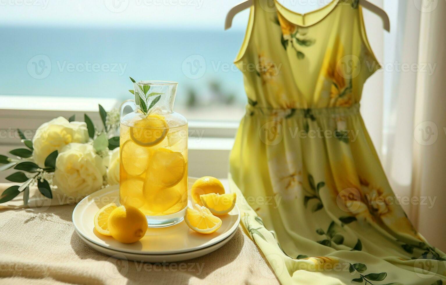in de hand gehouden citroen thee en outfits voor wandelen de stranden van de meisje Bij de strand - zomer thema. ai generatief foto