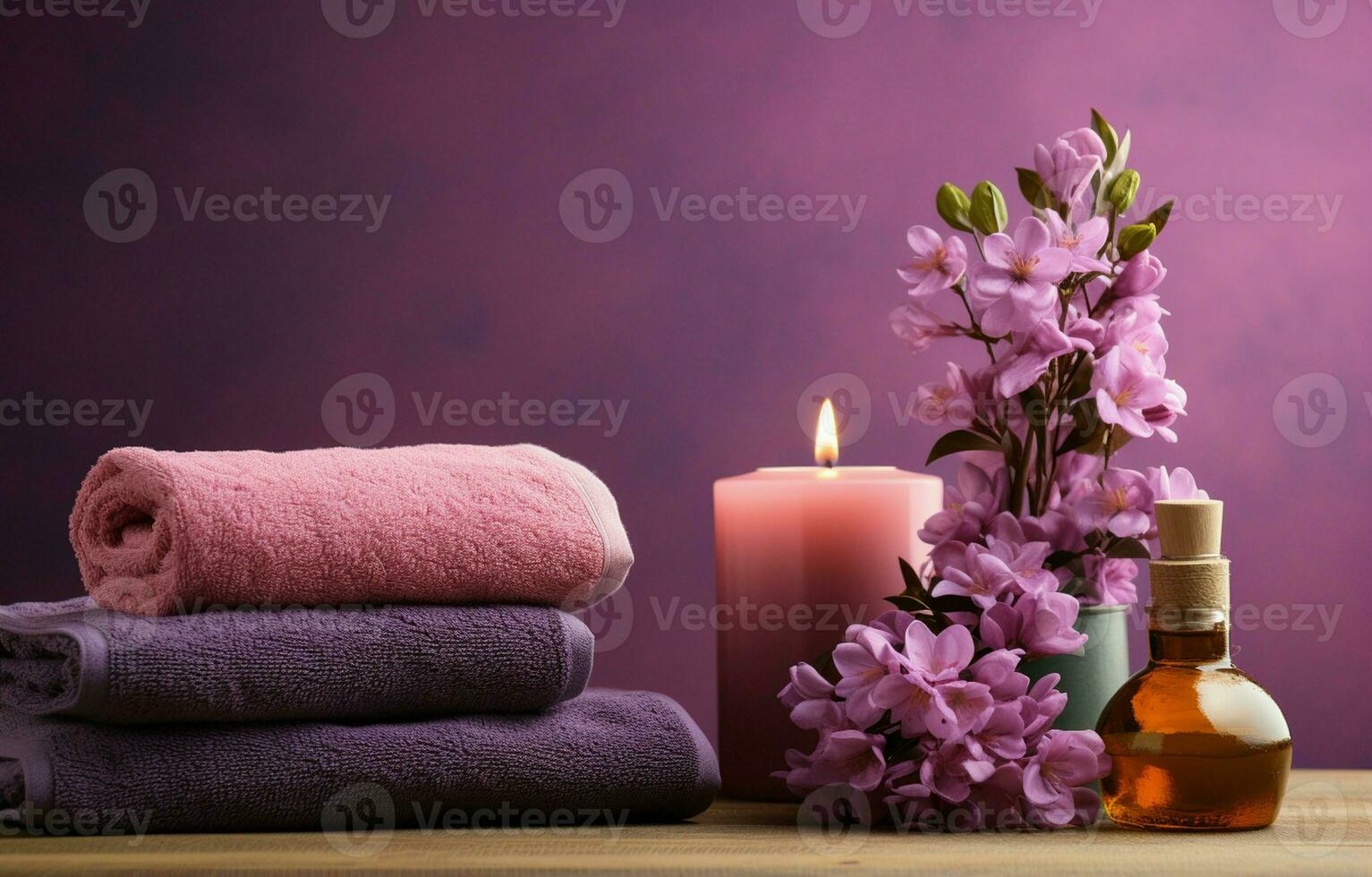 Aan een Purper achtergrond, een roze kaars, handdoek met bloemen, en een fles reeks de tafereel voor een spa beleven. ai generatief foto