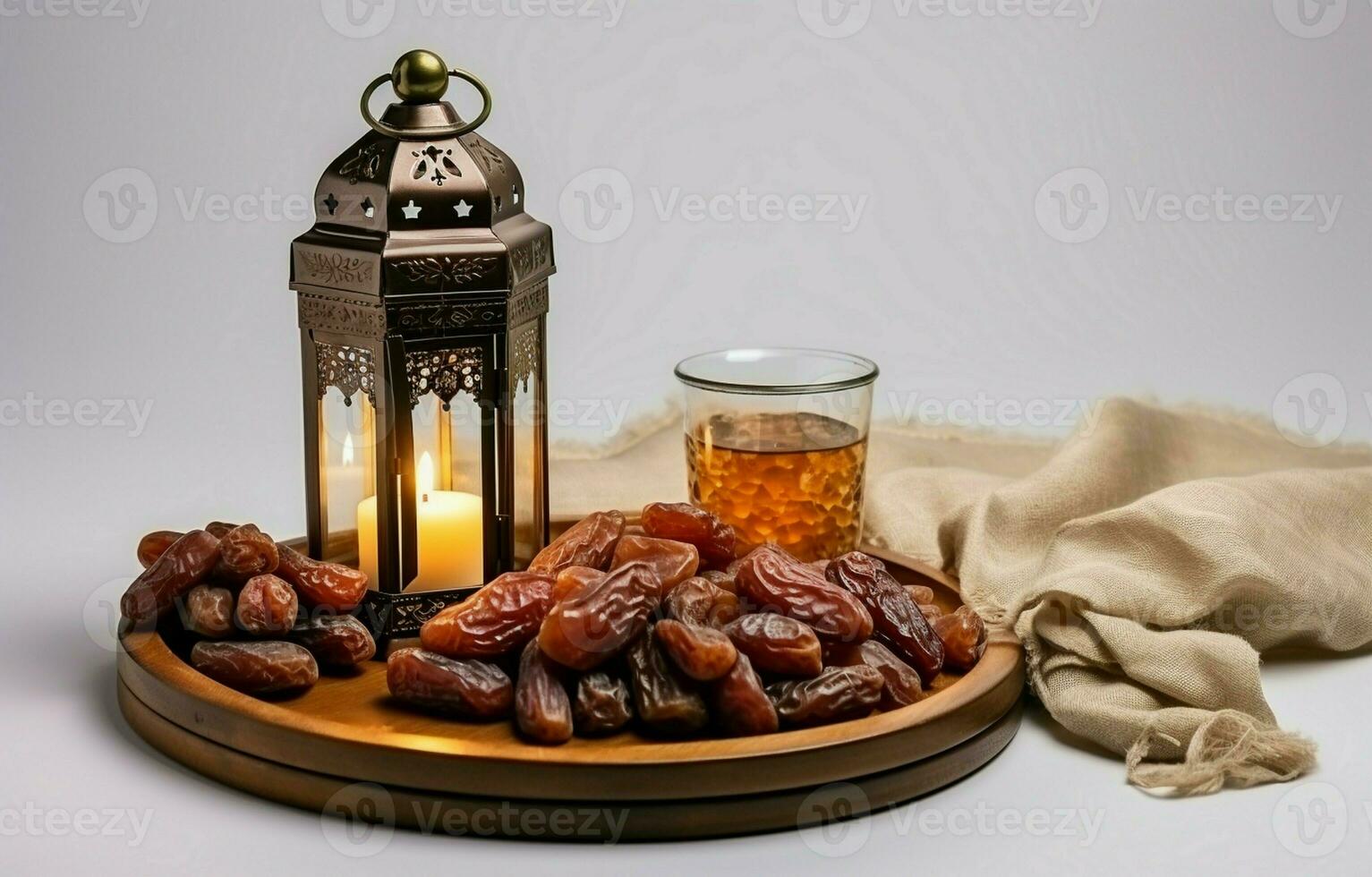 tafelblad beeld van Ramadan kareem decoratie, datums fruit, aladdin lamp, en rozenkrans kralen Aan donker steen achtergrond. kopiëren ruimte in een vlak leggen. ai generatief foto