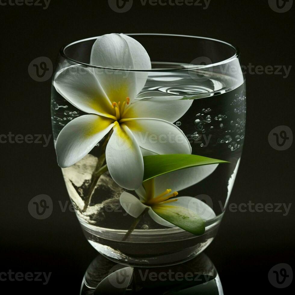 single frangipani in geparfumeerd water zwart achtergrond. ai generatief foto