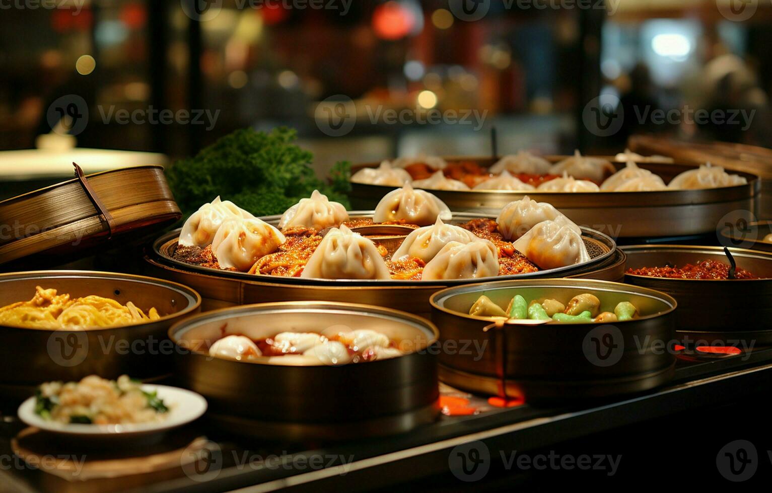 aan het eten stomen afm som terwijl genieten van een reeks van klassiek Chinese keuken. ai generatief foto