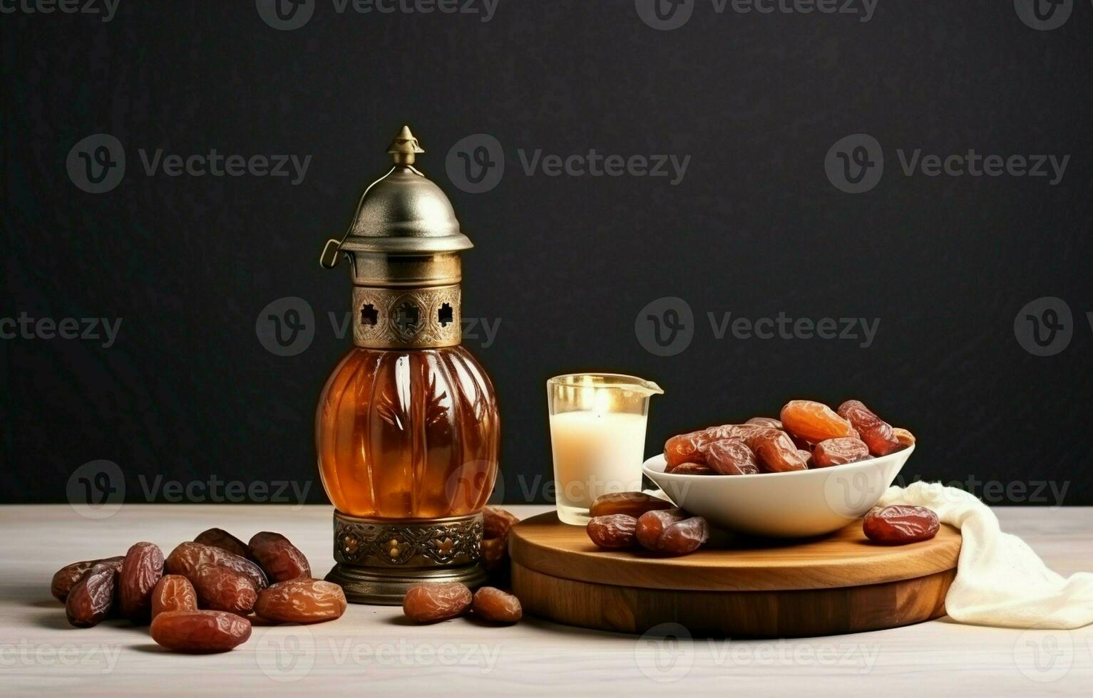 tafelblad beeld van Ramadan kareem decoratie, datums fruit, aladdin lamp, en rozenkrans kralen Aan donker steen achtergrond. kopiëren ruimte in een vlak leggen. ai generatief foto