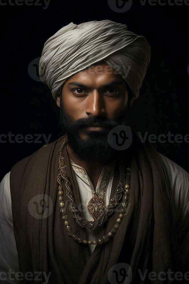 ai gegenereerd studio portret van knap Indisch Mens Aan kleur achtergrond foto