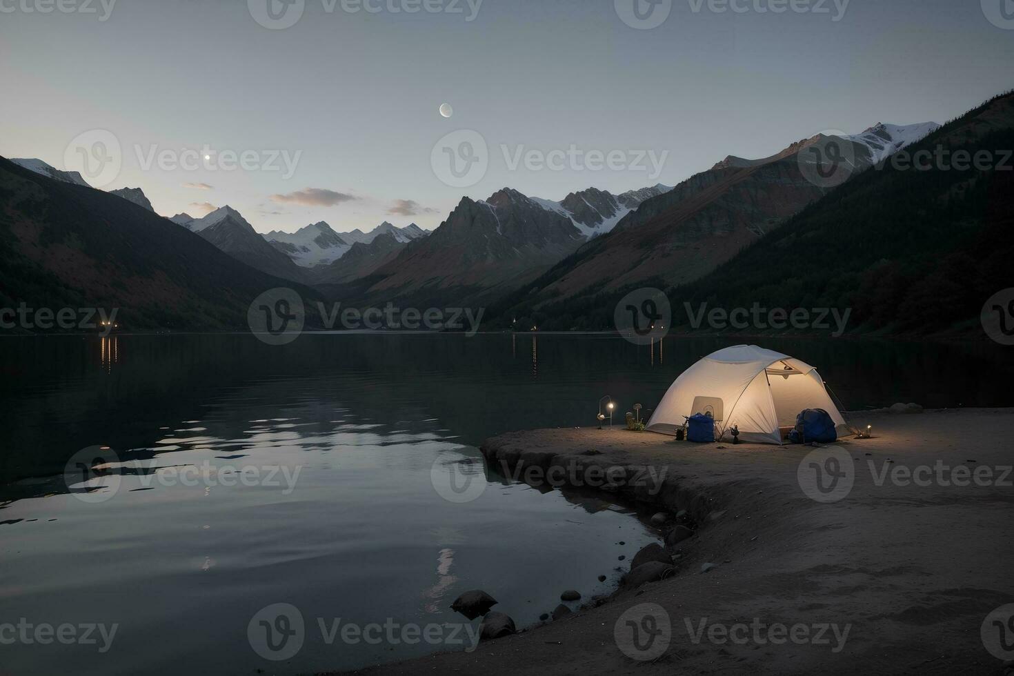 kalmte onder de maanlicht een sereen kamp door de meer. ai gegenereerd. foto