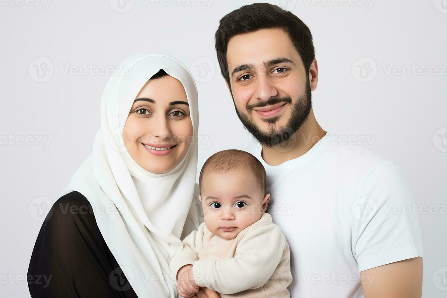 ai gegenereerd studio portret van mooi ouders met zuigeling baby Holding Aan handen Aan verschillend kleuren achtergrond foto