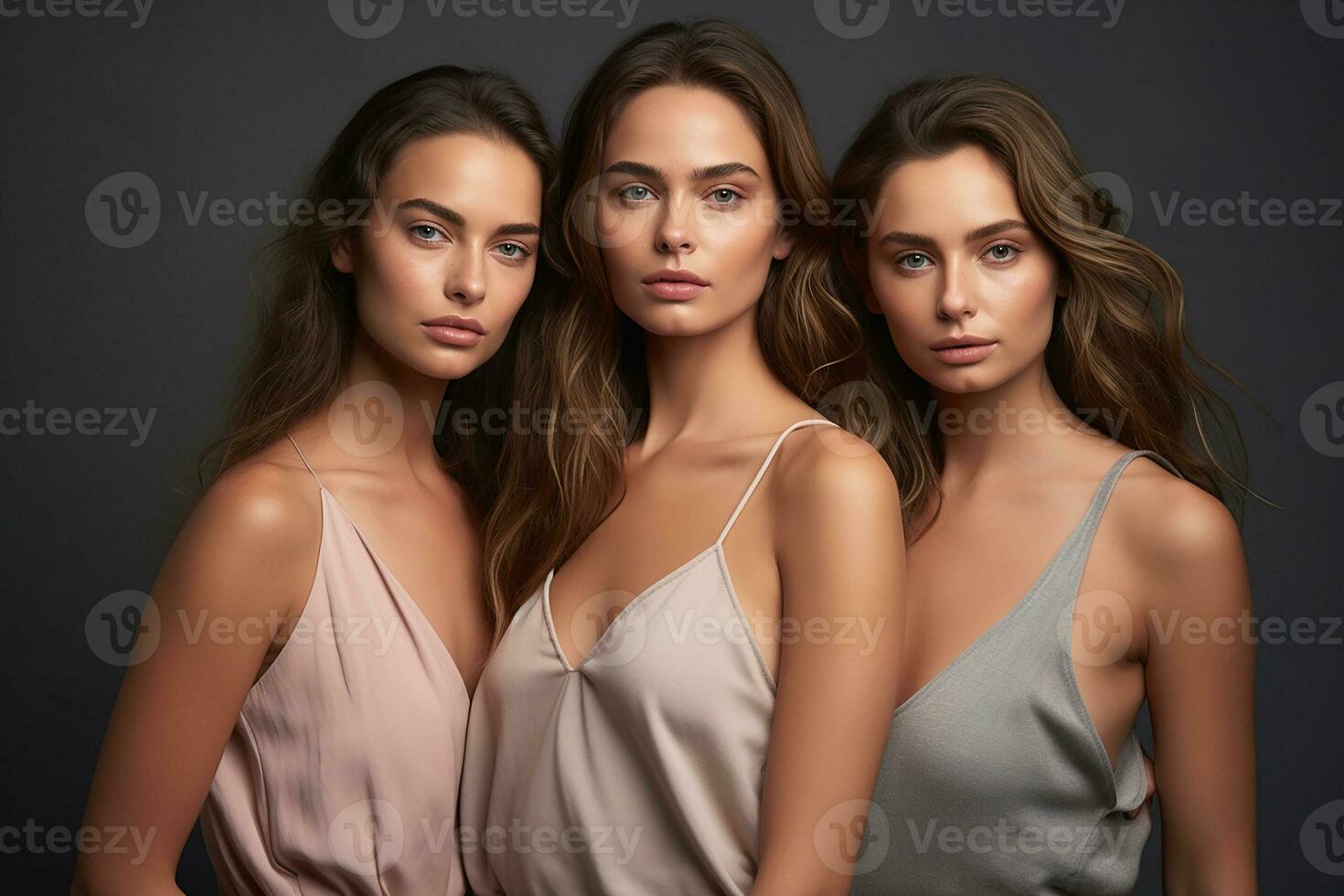 ai gegenereerd studio portret van drie weinig mooi jong vrouw staand samen in knuffel Aan verschillend kleur achtergrond foto