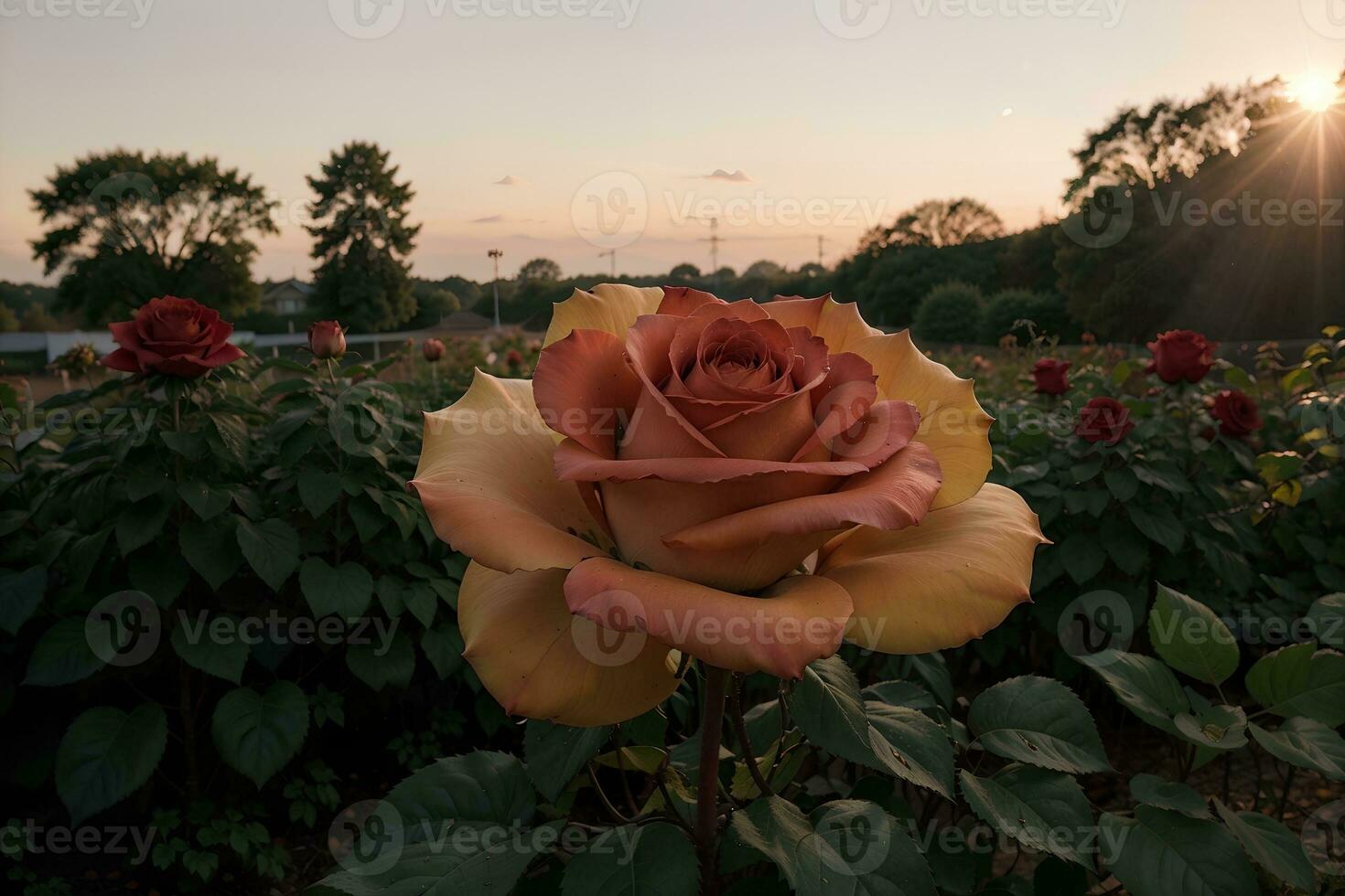 zonovergoten schoonheid in de roos tuin. ai gegenereerd. foto