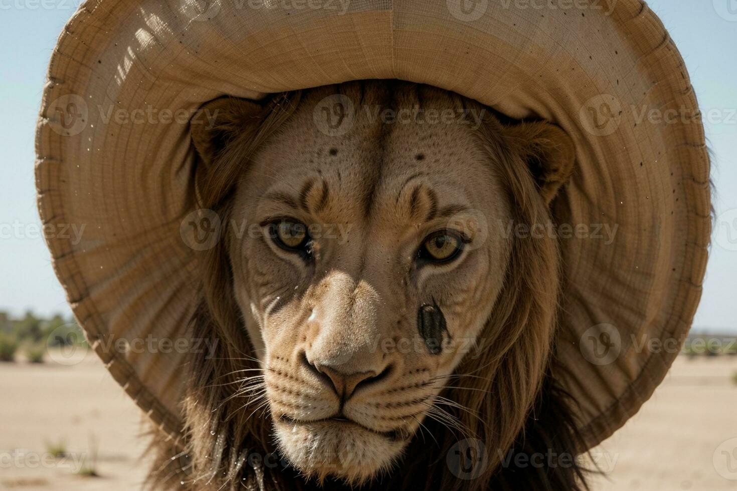 majestueus leeuw in een elegant hoed. ai gegenereerd. foto