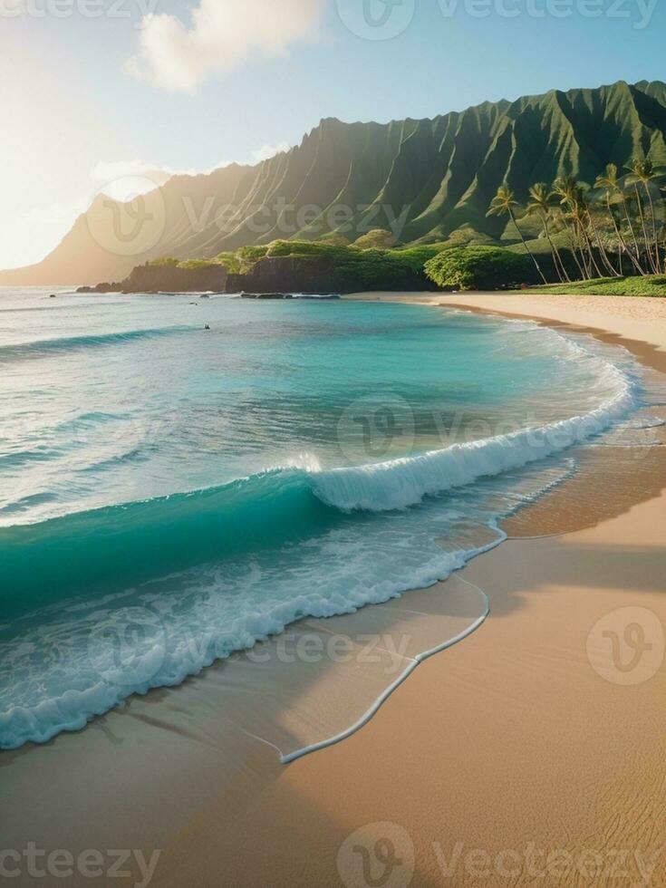 ontspannende zomer gevoel Aan een hawaiiaans strand gevangen genomen door jessica luw. ai gegenereerd. foto