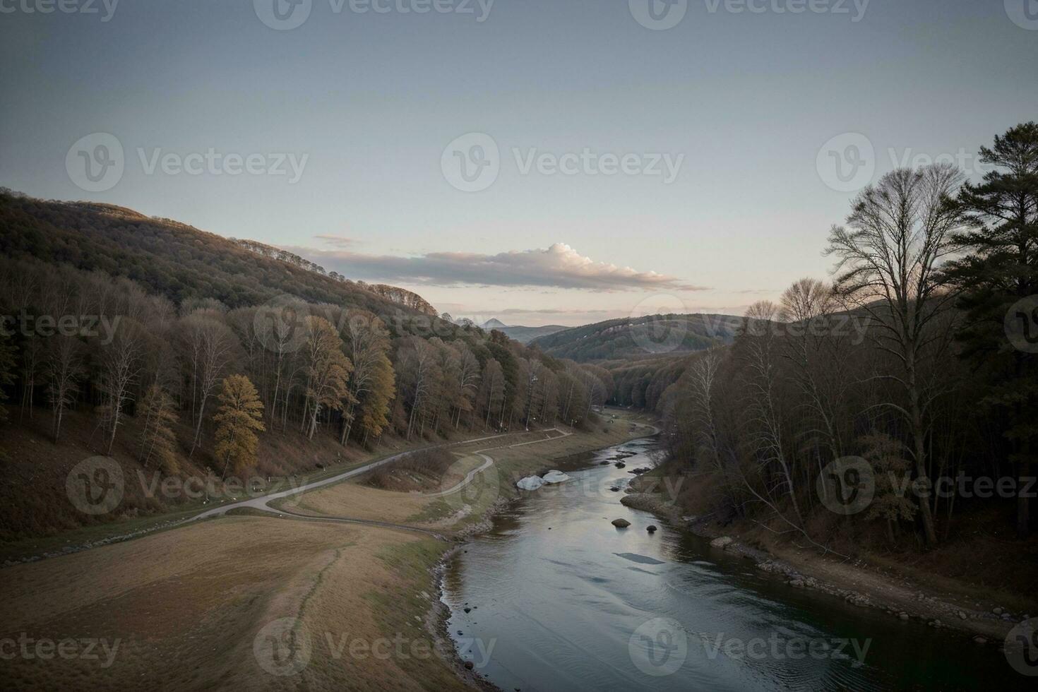 natuur s symfonie een boeiend landschap met lucht rivier- en bomen. ai gegenereerd. foto