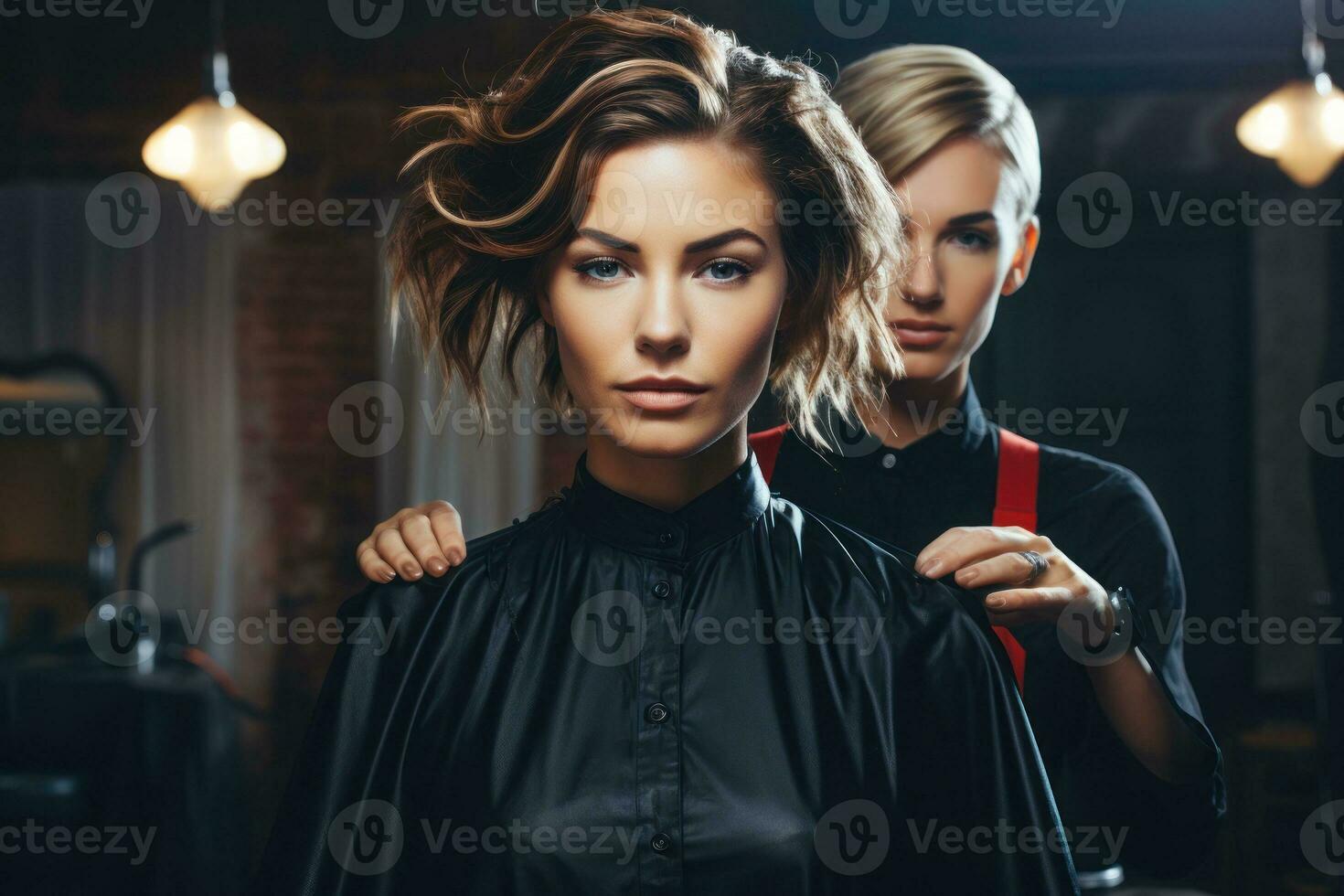 mooi kapsel van vrouw na verven haar- en maken highlights in haar- salon. generatief ai foto