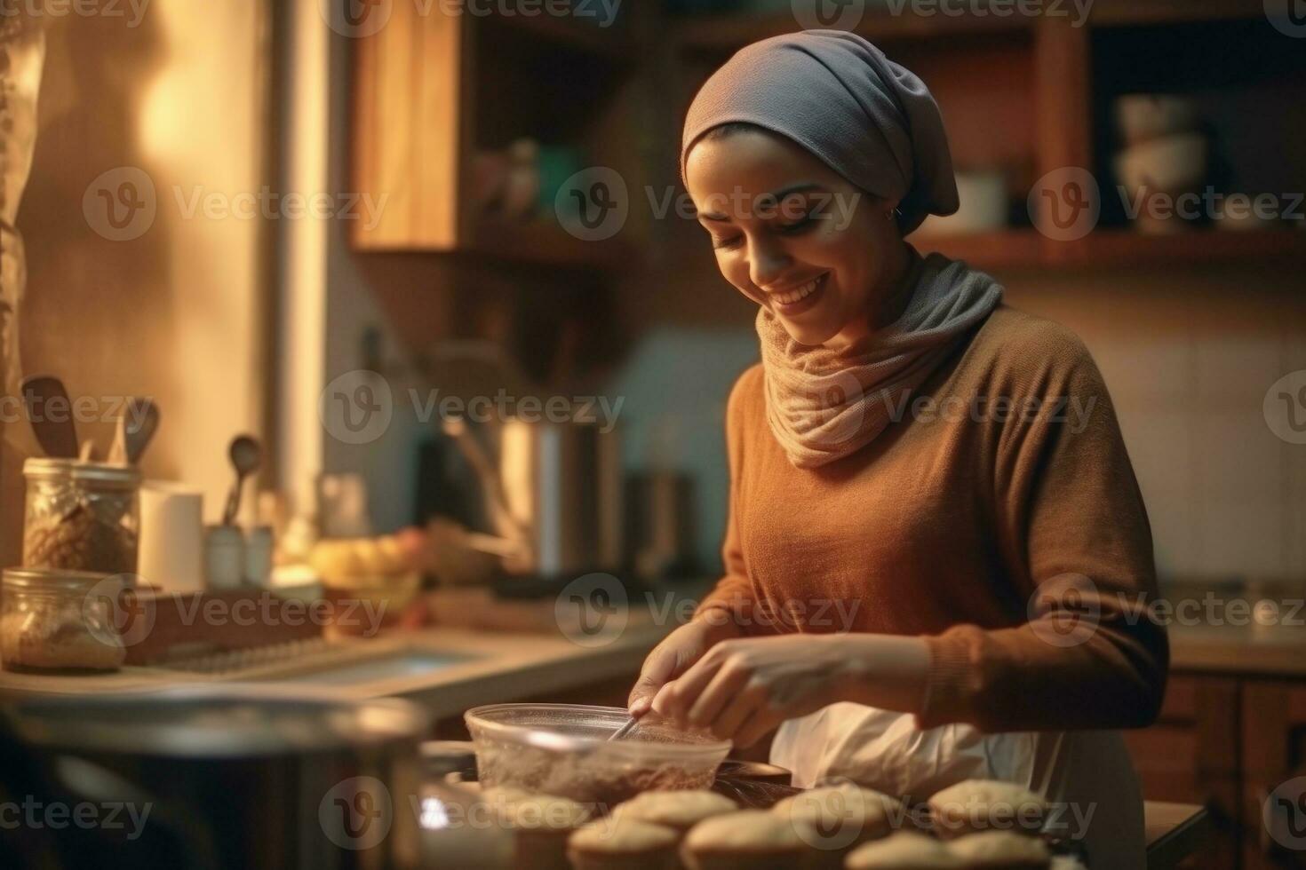 gelukkig moslim vrouw bakken taart in keuken. generatief ai foto