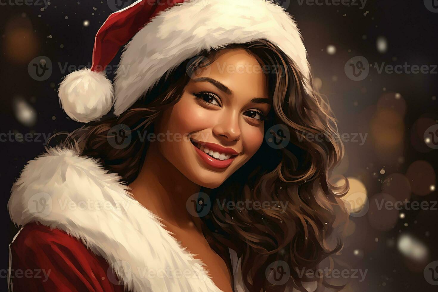 ai gegenereerd portret van mooi glimlachen vrouw in de kerstman claus vervelend foto