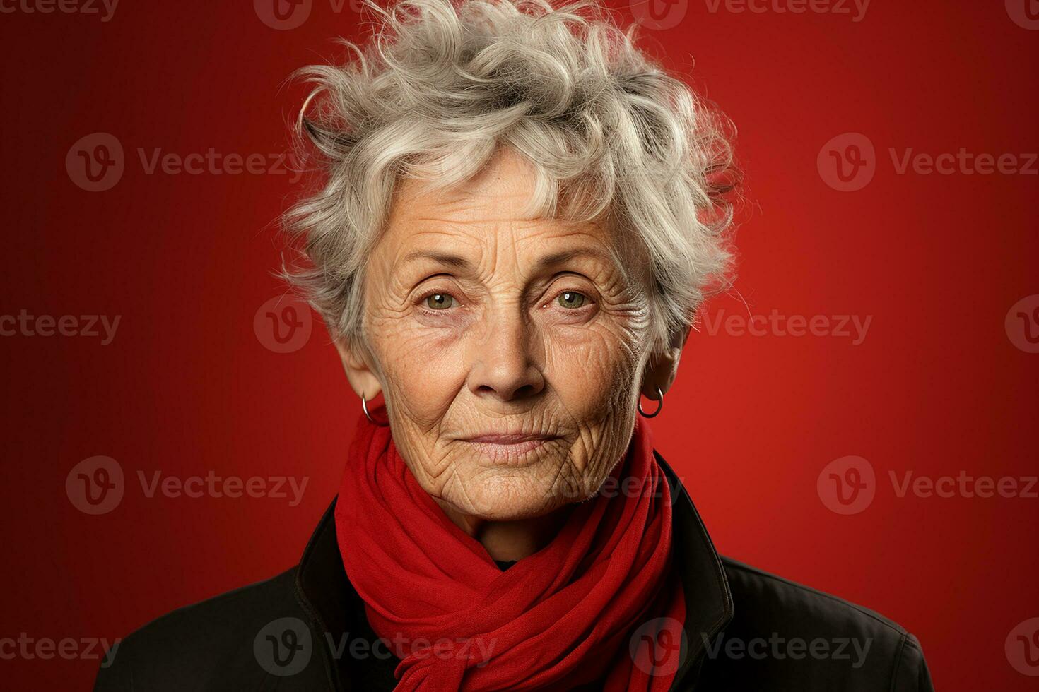 ai gegenereerd studio portret van modieus oud ouderen vrouw Aan verschillend kleur achtergrond in bril en hoofdtelefoons foto