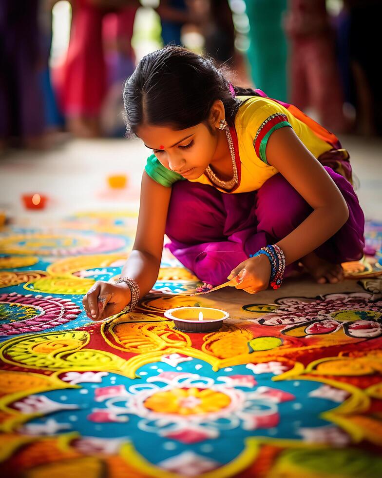 Indisch diwali vieren met diya verlichting. familie, meisjes, kinderen allemaal gelukkig momenten. ai generatief foto