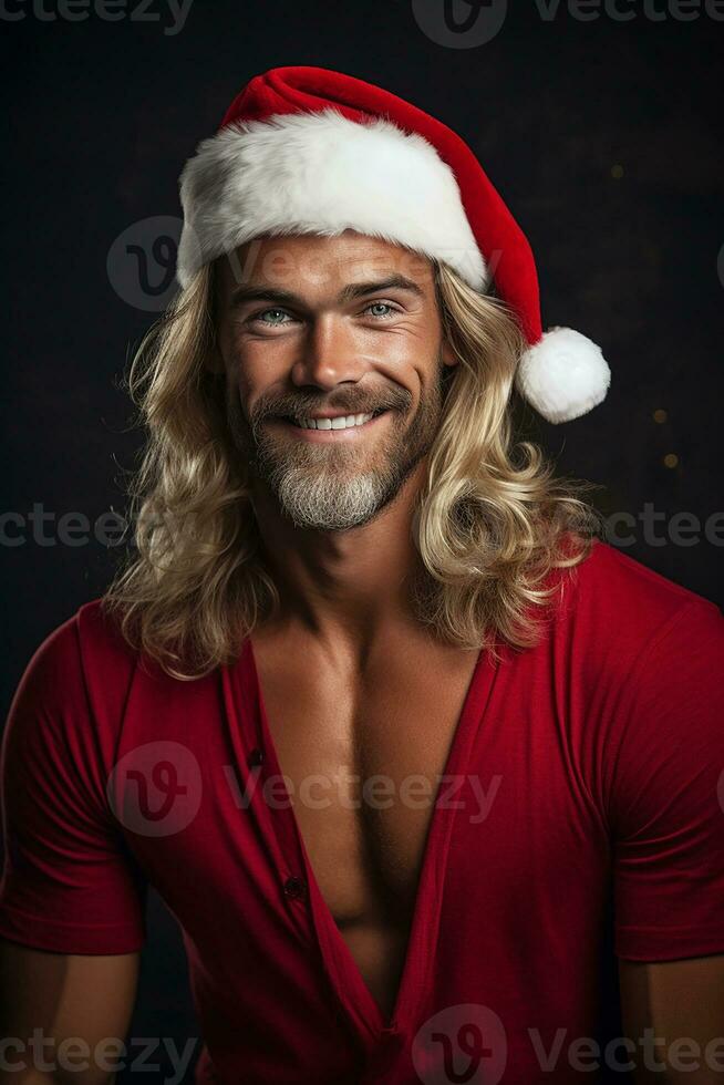 ai gegenereerd portret van knap glimlachen Mens in de kerstman claus vervelend foto