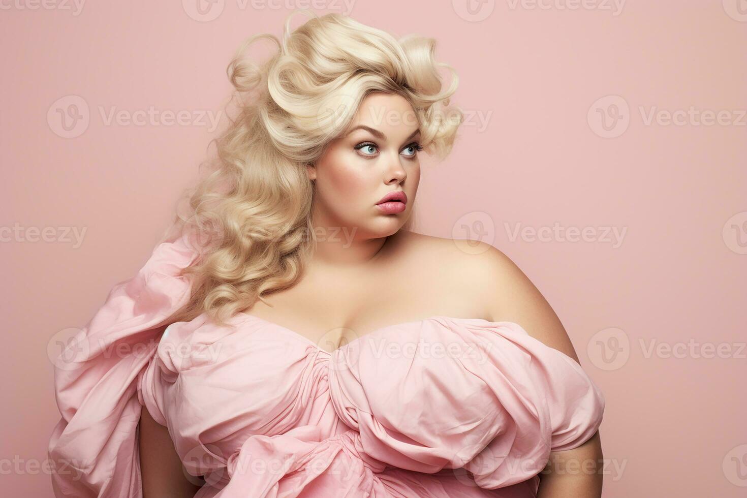 ai gegenereerd studio portret van mooi dik overgewicht vrouw Aan verschillend kleur achtergrond foto