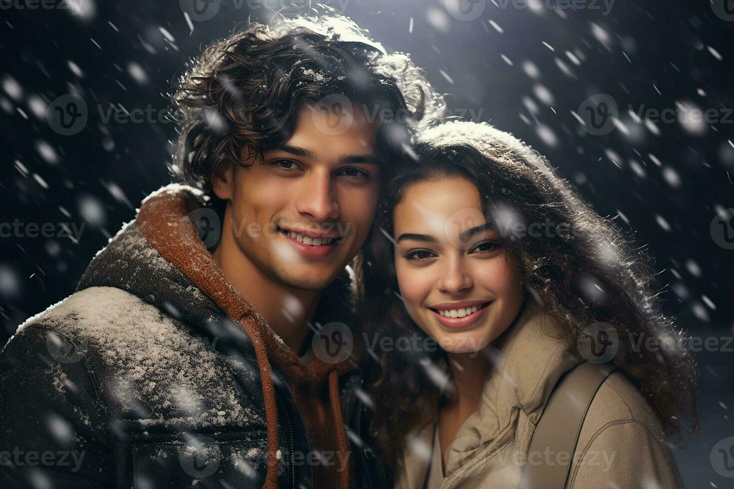 ai gegenereerd portret van mooi glimlachen jong paar Mens en vrouw staand onder sneeuwen foto