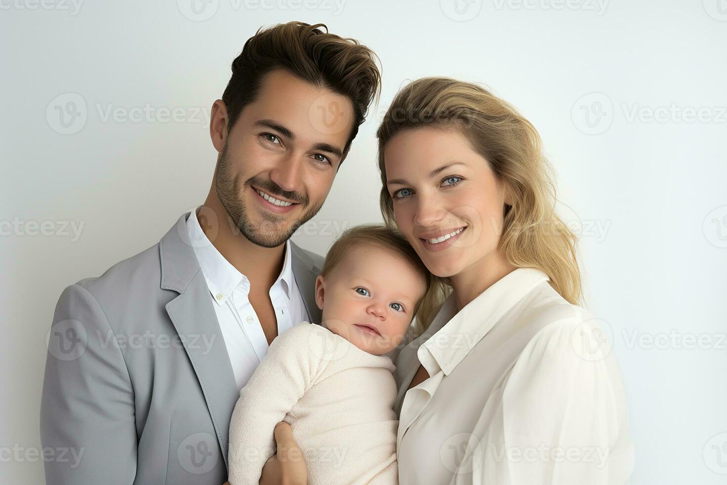 ai gegenereerd studio portret van mooi ouders met zuigeling baby Holding Aan handen Aan verschillend kleuren achtergrond foto