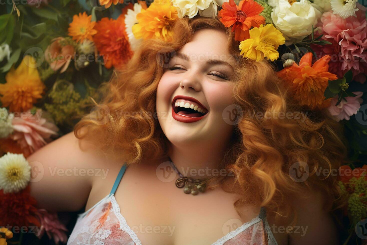 ai gegenereerd studio portret van mooi dik overgewicht vrouw Aan verschillend kleur achtergrond foto