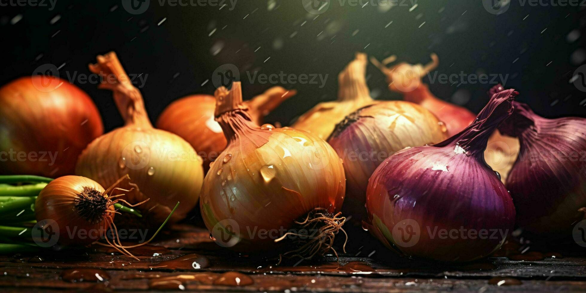 vers en kleurrijk uien Aan een houten tafel. generatief ai foto