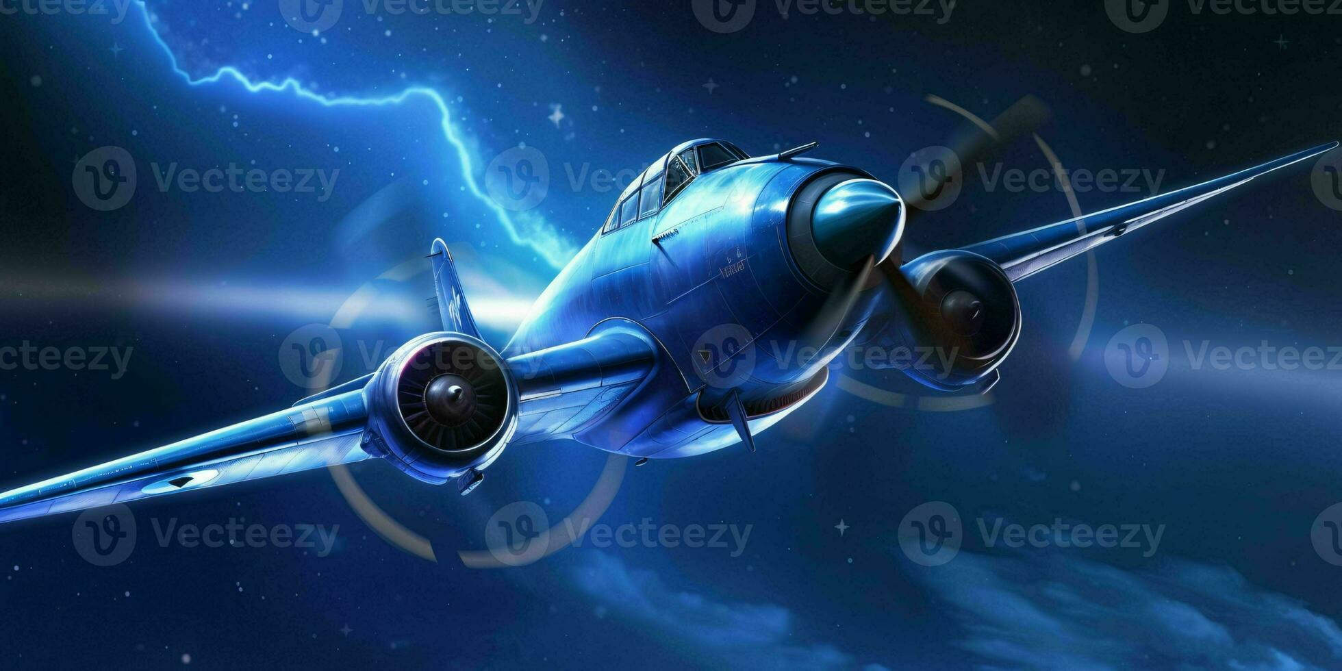 vechter Jet vliegend in een blauw nacht lucht met schijnend sterren. generatief ai foto