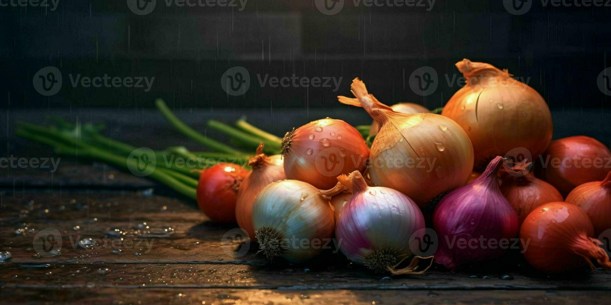 vers en kleurrijk uien Aan een houten tafel. generatief ai foto