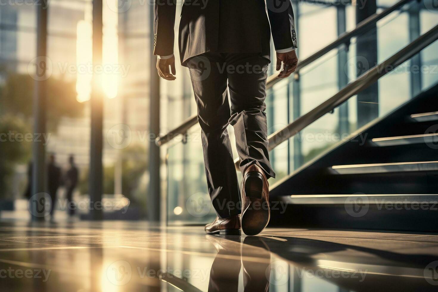 dichtbij omhoog schoenen van zakenman wandelen omhoog Aan trap in een glas kantoor gebouw. generatief ai foto