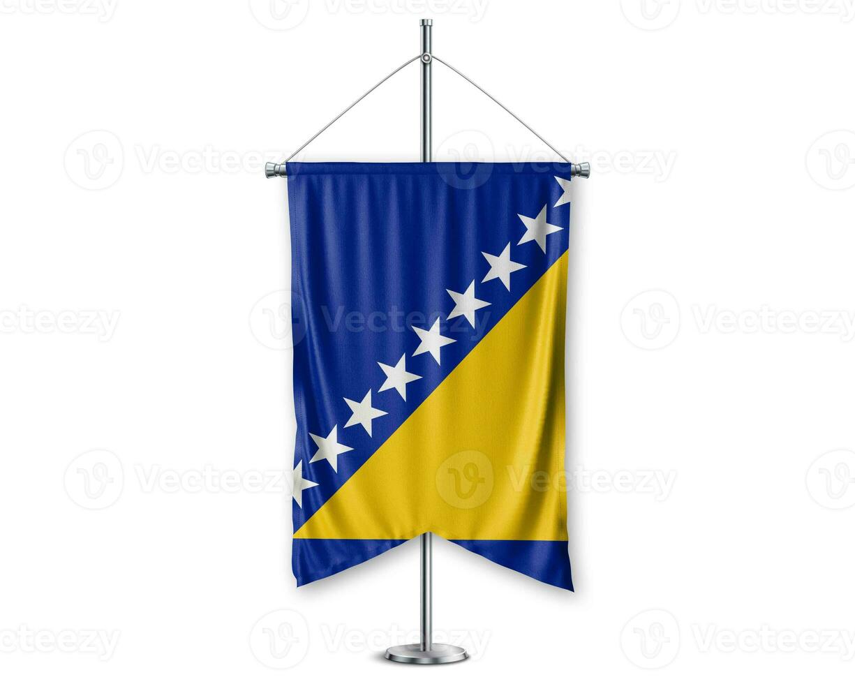 Bosnië en Herzeovisch omhoog wimpels 3d vlaggen Aan pool staan ondersteuning voetstuk realistisch reeks en wit achtergrond. - beeld foto