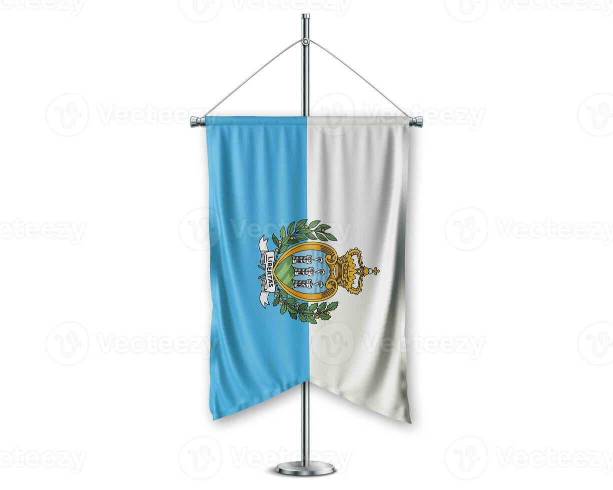 san marino omhoog wimpels 3d vlaggen Aan pool staan ondersteuning voetstuk realistisch reeks en wit achtergrond. - beeld foto