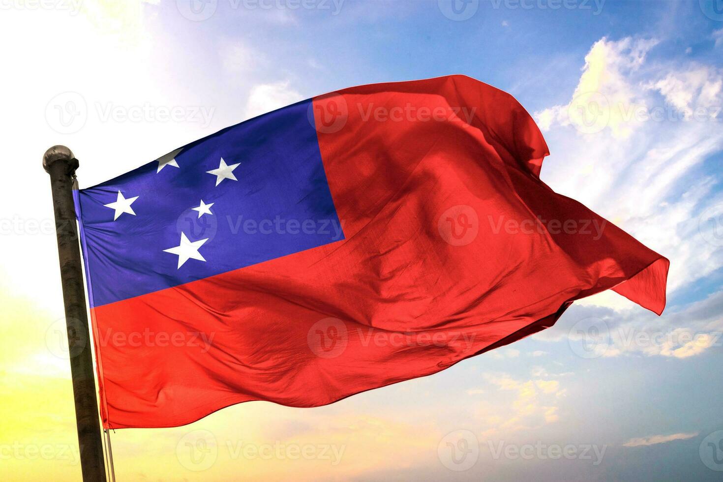 Samoa 3d renderen vlag golvend geïsoleerd lucht en wolk achtergrond foto