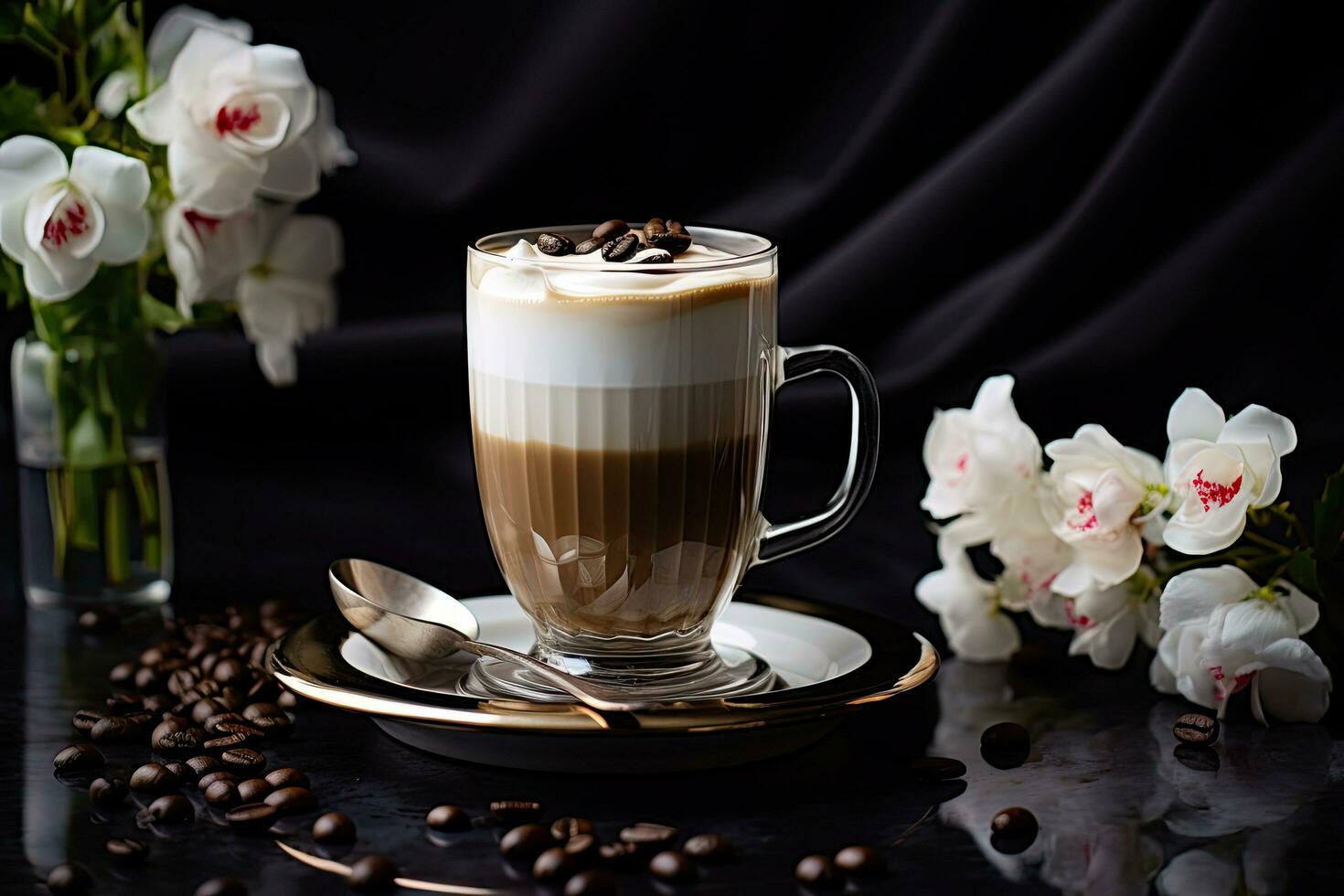 cappuccino koffie in een glas kop Aan een zwart achtergrond, koffie met melk in een glas Aan een grijs achtergrond, ai gegenereerd foto