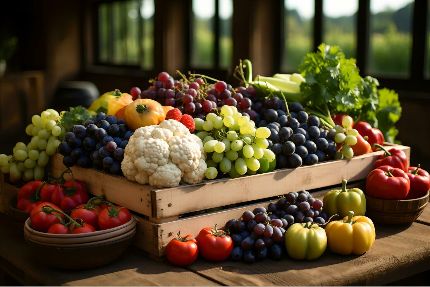 een houten doos gevulde met vers geoogst fruit en groenten, ai gegenereerd foto