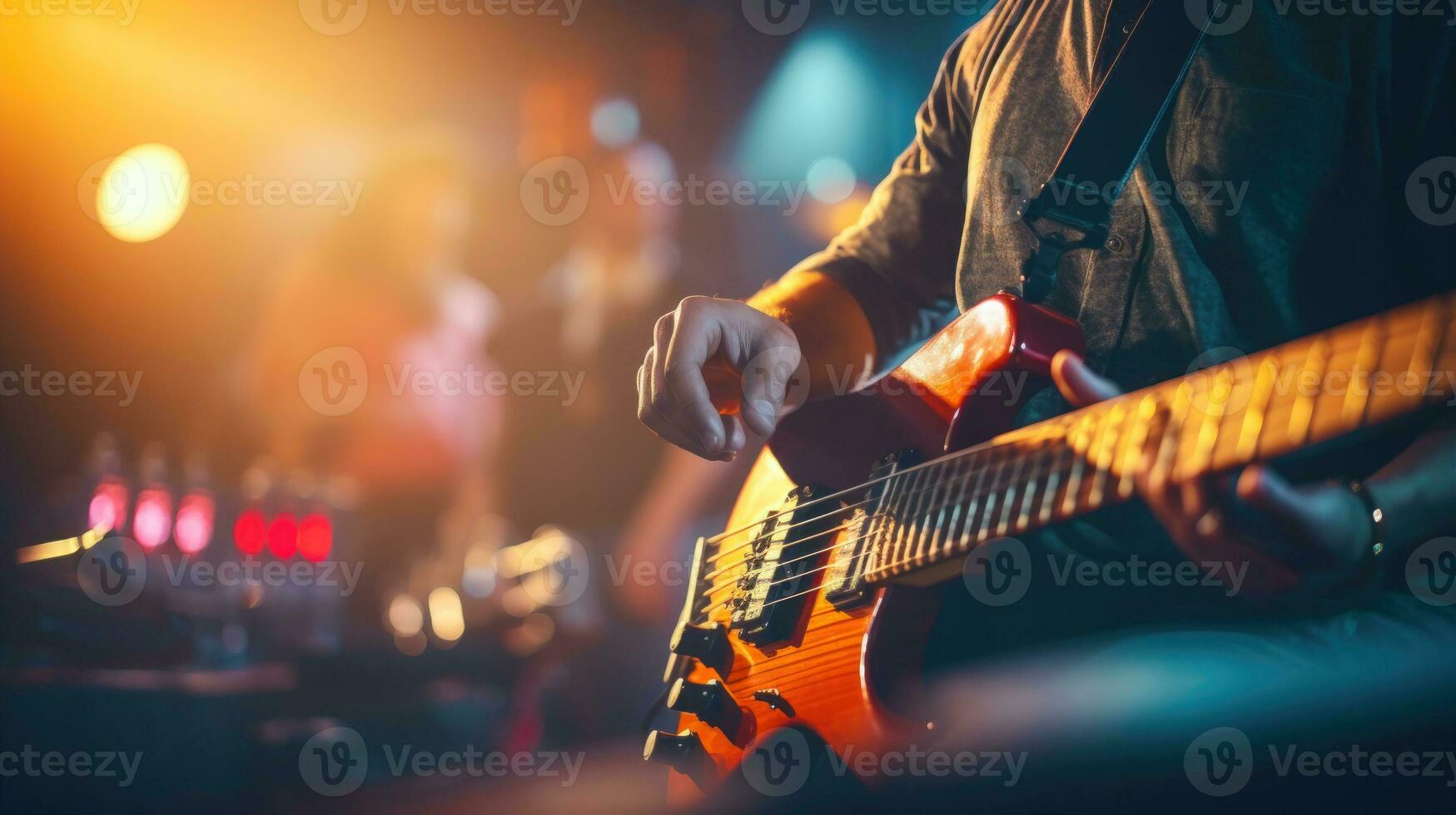 gitarist en zanger boeiend de publiek met een leven muziek- concert ai gegenereerd foto