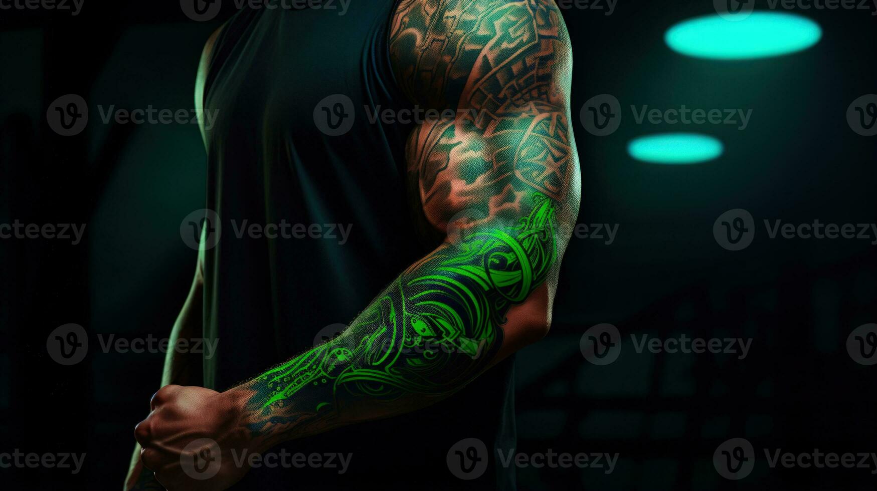 sporters trots met een levendig licht groen en zwart tatoeëren ai gegenereerd foto