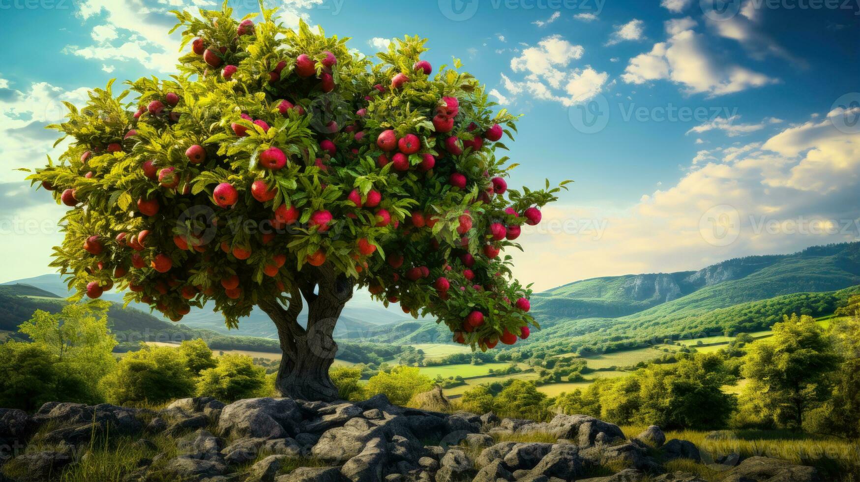 knoestig appel boom in een sereen landschap ai gegenereerd foto