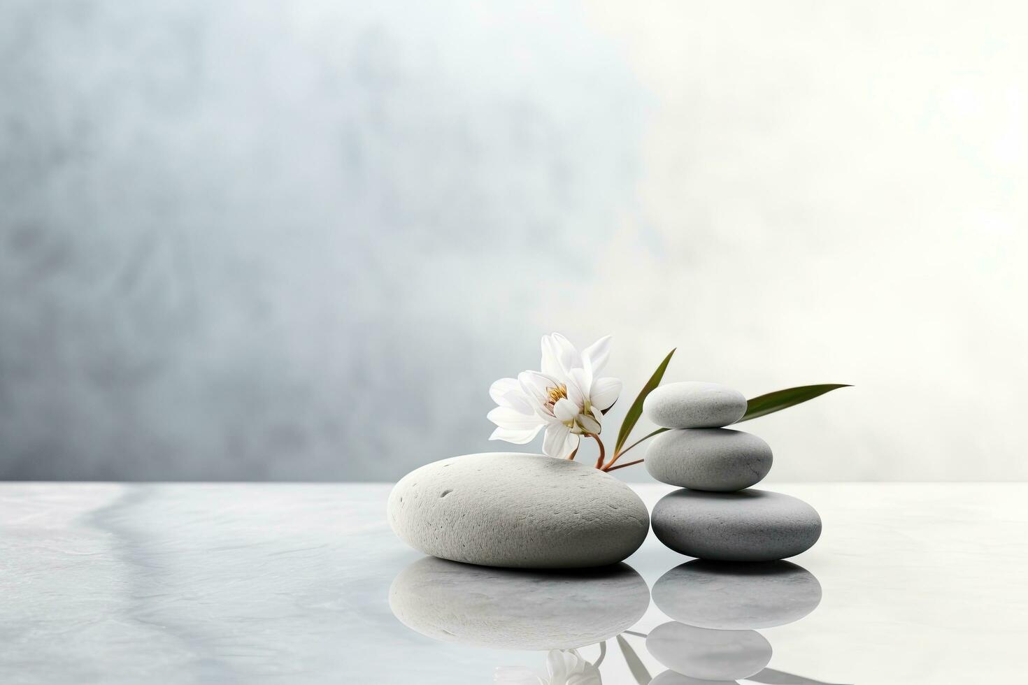 spa nog steeds leven met zen stenen en wit orchidee bloem, mooi samenstelling met spa stenen Aan wit marmeren tafel, ai gegenereerd foto