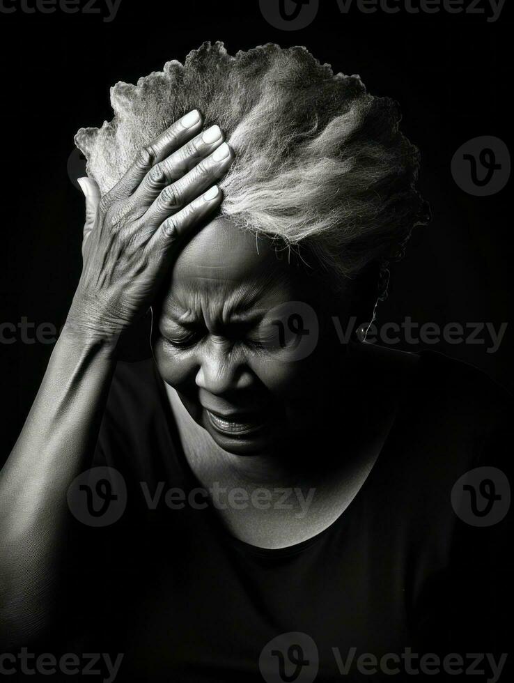 vrouw verschijnt naar worden in pijn van hoofdpijn ai generatief foto