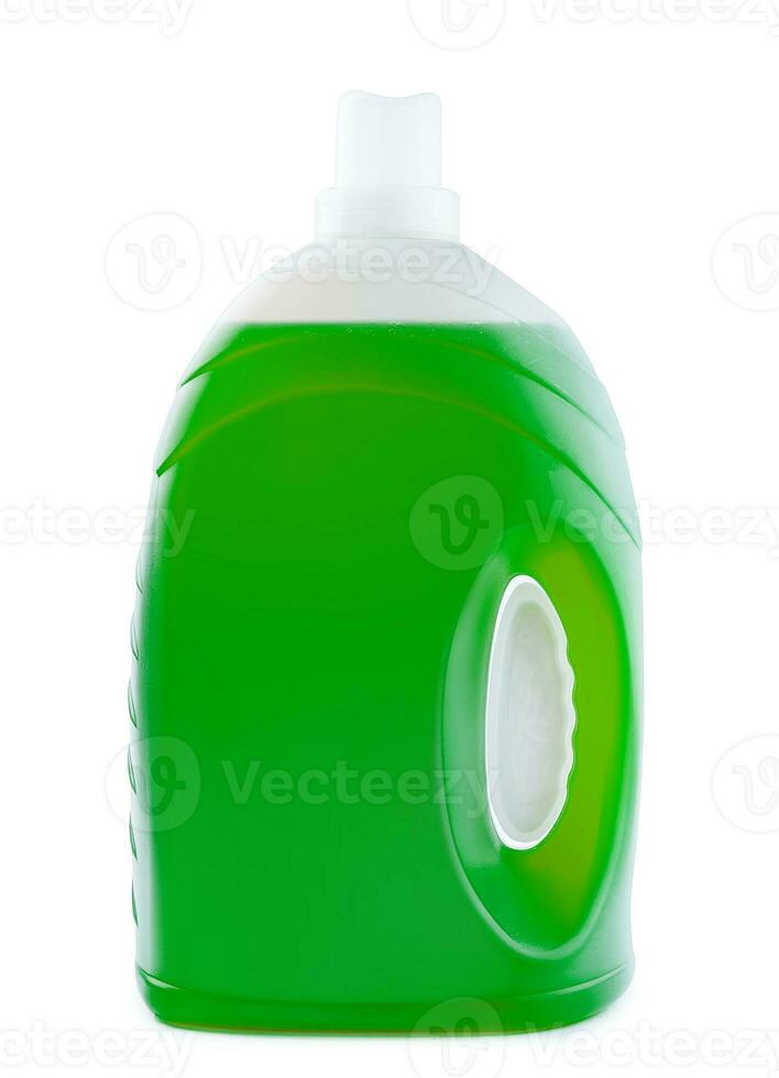 plastic schoon fles vol met groen wasmiddel foto