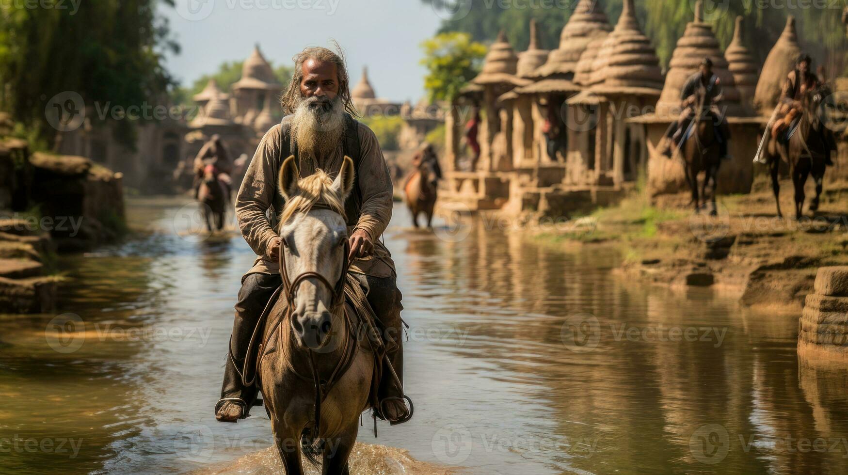 een oud Indisch Mens ritten een ezel door de rivier- in Indië. foto