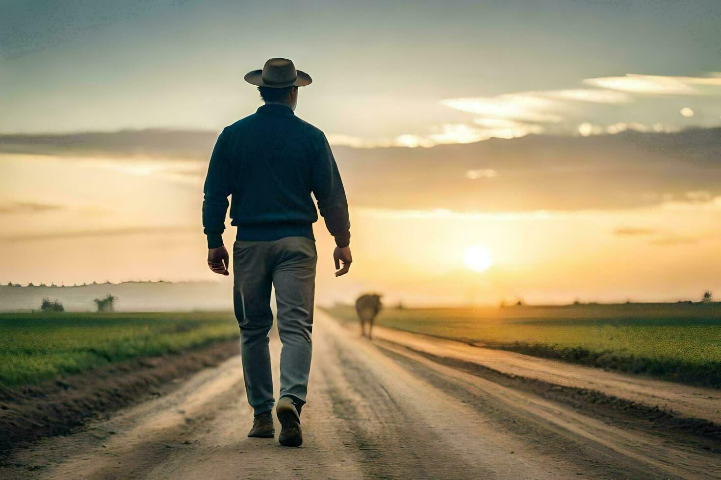 een Mens in een hoed wandelen naar beneden een aarde weg. ai-gegenereerd foto