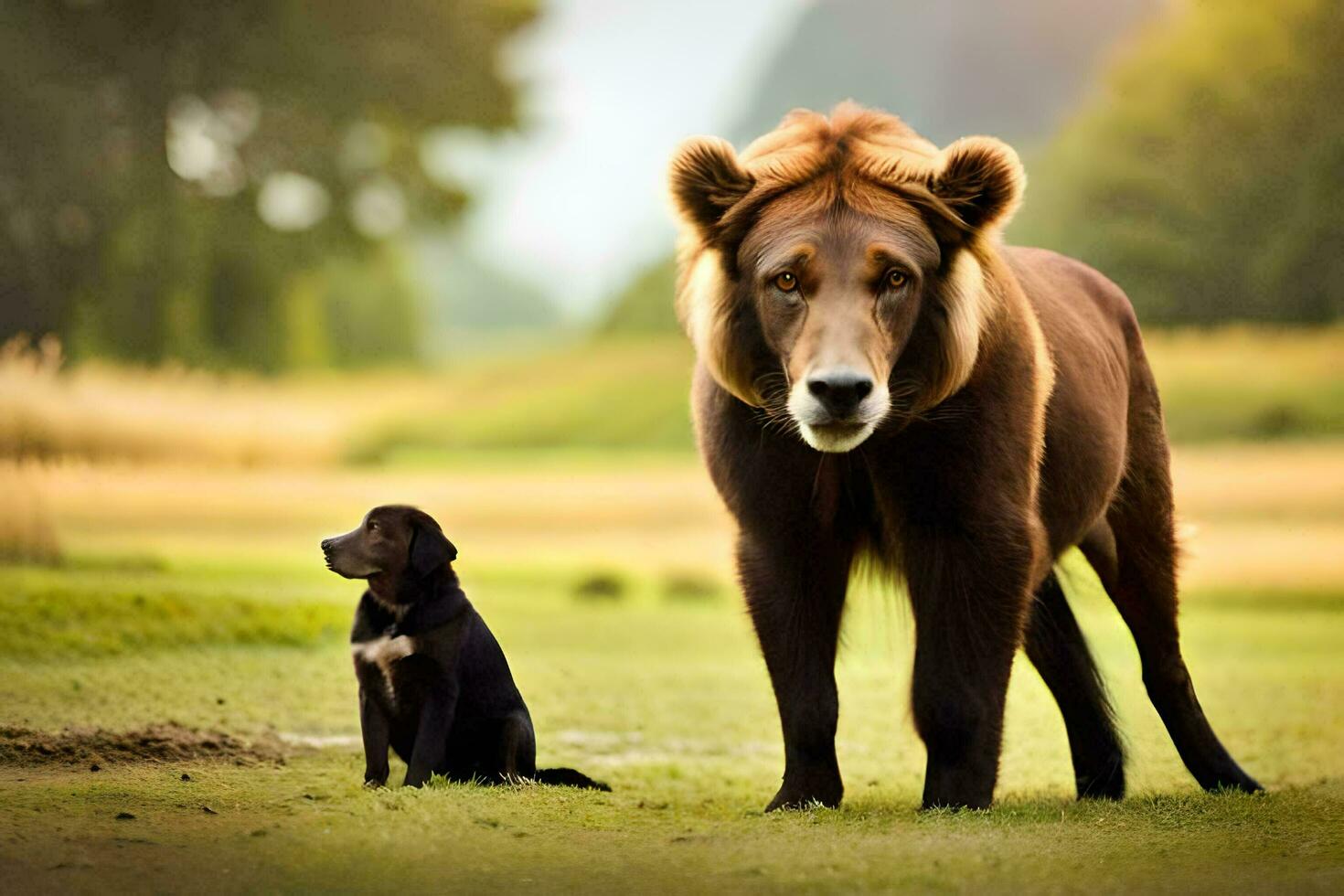 een bruin beer en een zwart hond staand in een veld. ai-gegenereerd foto