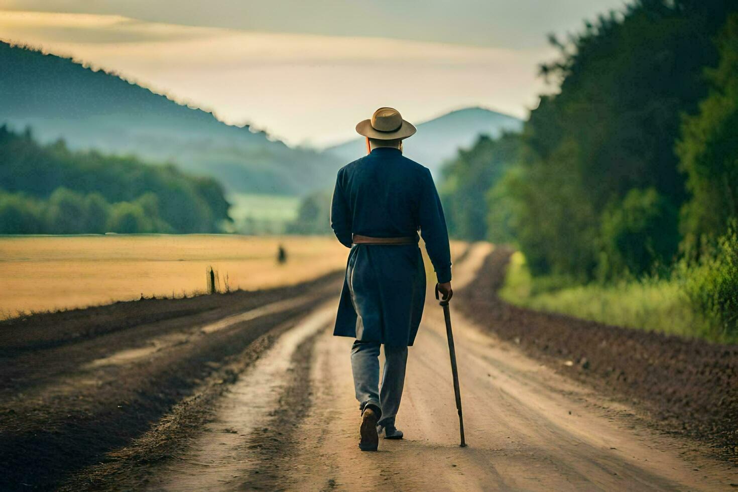 een Mens in een hoed en jas wandelen naar beneden een aarde weg. ai-gegenereerd foto