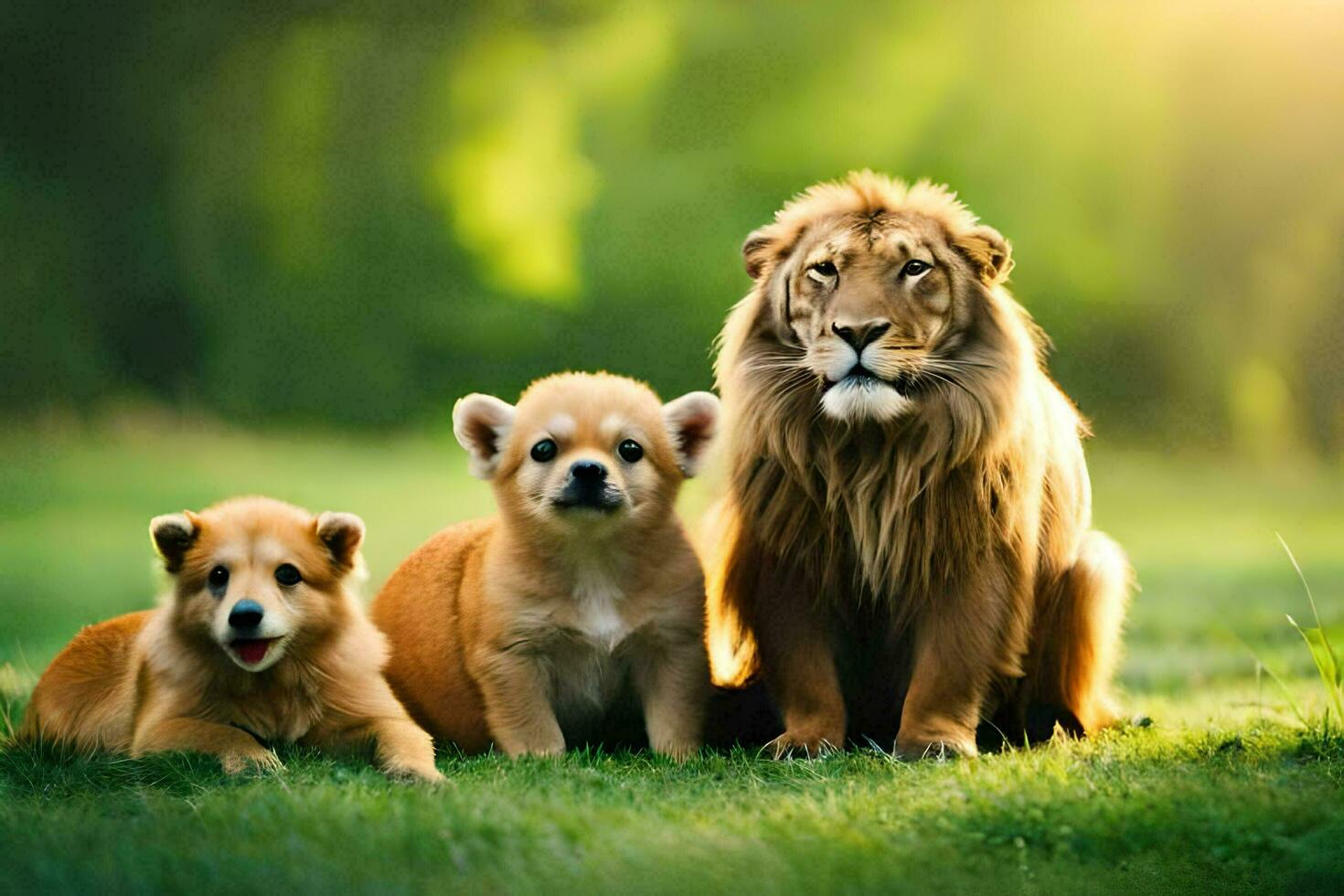 drie honden en een leeuw zittend Aan de gras. ai-gegenereerd foto